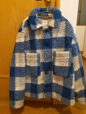 ZARA 블루 화이트 체크 플리스 자켓 S/M 보아 오버 사이즈