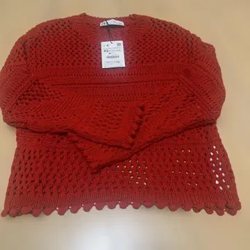 택 포함 미사용 새상품 시스루 편직 빨간색 니트