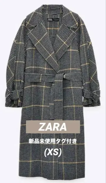 [ 미사용 새상품 ] ZARA 울 혼방 체크 무늬 코트 XS