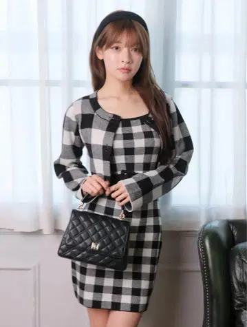 레트로 체크 앙상블 니트 원피스