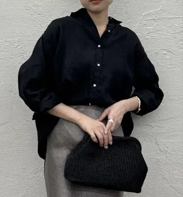 새상품급 LOUNGEDRESS 린넨 백 타이 셔츠 블랙 린넨 100%