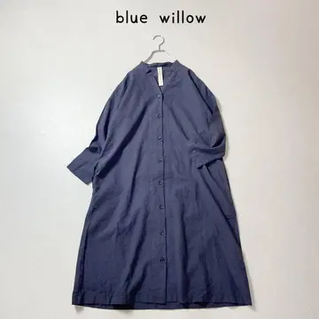 blue willow 린넨 블렌드 허리 개더 원피스 네이비