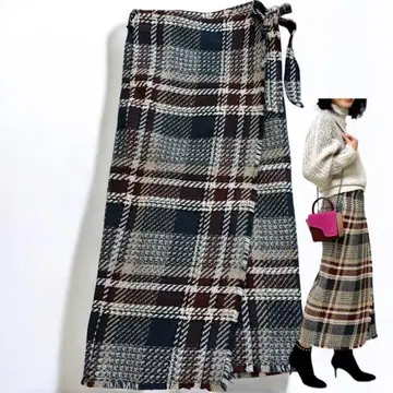 트위드 롱 스커트 체크 랩스커트 그레이 38M