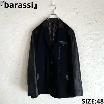 [ barassi ] 울 테일러드 자켓 가죽 절개 블랙 램 가죽 48
