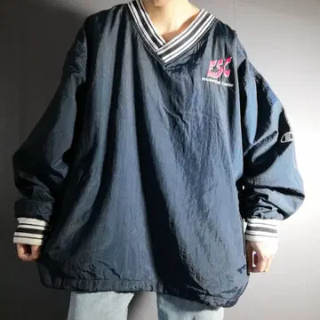 챔피온 나일론 풀오버 기업 자수 로고 네이비 XL 빈티지