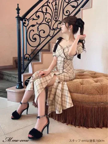 M me eme 오프숄더 리본 체크 원피스