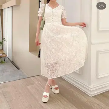 MIIA 반팔 레이스 퍼프 맥시 원피스