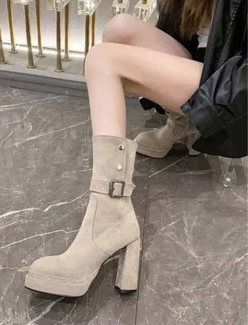 프렌치 스타일 여성용 숏부츠 스퀘어토 통굽 힐