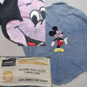 70s Sears USA제 샴브레이 셔츠 미키마우스 자수 & 페인트