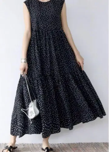 ELFRANK 도트 슬리브리스 티어드 롱 원피스