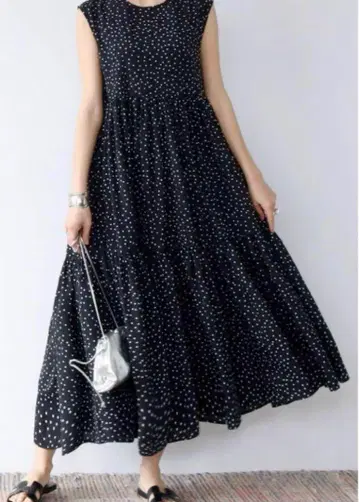 ELFRANK 도트 슬리브리스 티어드 롱 원피스