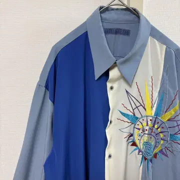 폴리 셔츠 긴팔 자수 바이컬러 파랑 화이트 빈티지