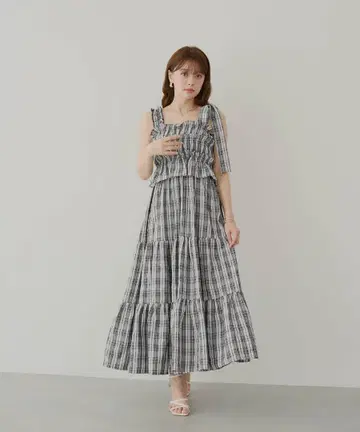 [멀티 way] 아지메 끈 디자인 체크 무늬 셔링 롱 원피스 블랙