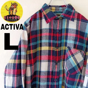 USA 구제 의류 ACTIVA 플란넬 셔츠 L 네이비 레드 체크