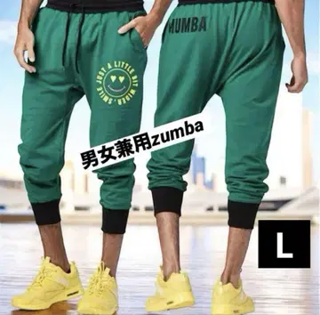 허리밴딩 끈 포함 Zumba 로고가 돋보이는 그린 조거 팬츠 L 사이즈