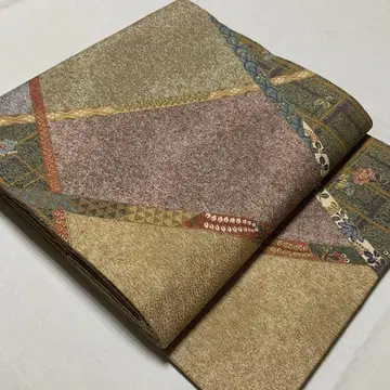 순수 실크 열림 나고야 오비 전체 패턴 격자에 꽃 오비(약 27.3cm)