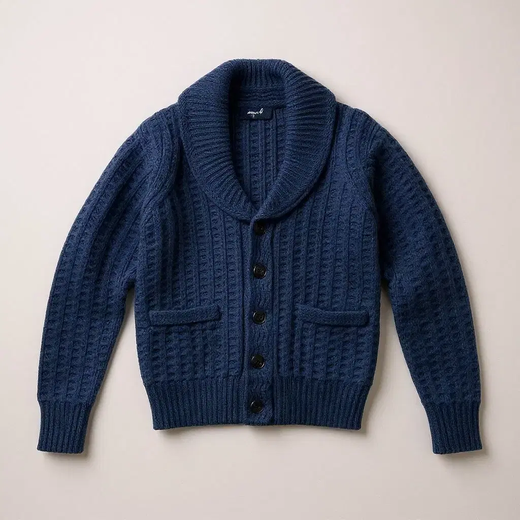 L) Navy Cable Knit Shawl Collar Knit Wool Cardigan Heavy Wool Button Cardigan