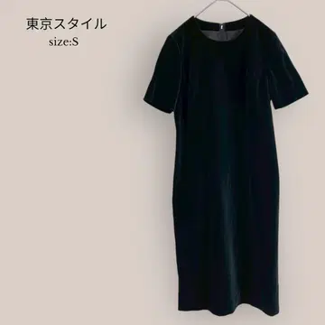 도쿄 스타일 새상품급 벨로아 원피스 반팔 무릎 기장 타이트 블랙 심플