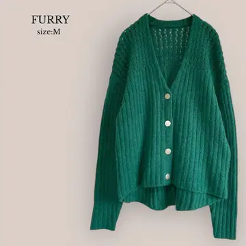 퍼리 FURRY 니트 가디건 V넥 그린 시스루 짜임 루즈핏
