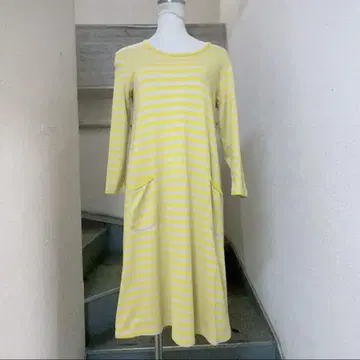 마리메꼬 긴팔 원피스 베이지 옐로우 컬러 보더 무늬 marimekko