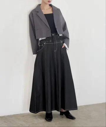 LIAN 블랙 데님 롱 스커트