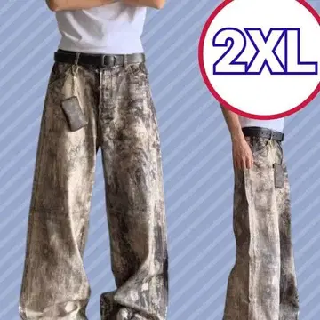 [ 2XL 사이즈 ] 배기 팬츠 와이드 팬츠 카모플라주 워시드 데님 바지