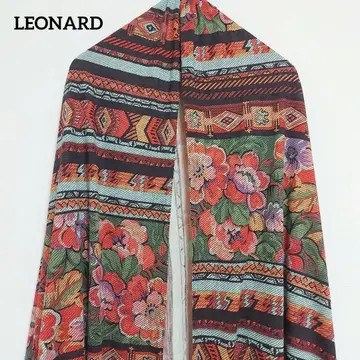 새상품급 레오나르 대형 스톨 꽃무늬 울 실크 프린지 에스닉