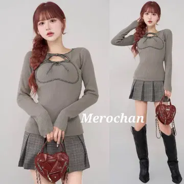 다리치 포인트 체크 니트 미니 원피스 그레이