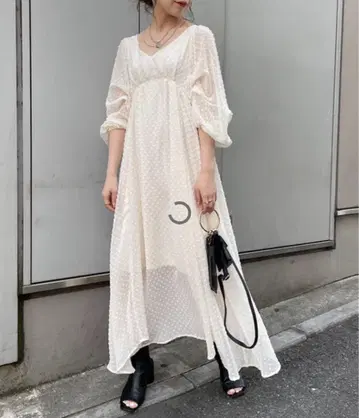 5부 소매 도트 쉬폰 롱 원피스