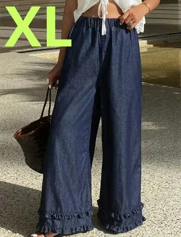 오샤레 G 프릴 데님 와이드 팬츠 XL 블루 귀여운 빅 사이즈