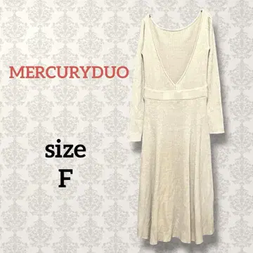 머큐리 듀오 [ F ] V넥 리브 니트 원피스 롱 기장 플레어 베이지