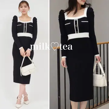 택 포함 새상품 로얄 파티 스퀘어넥 배색 타이트 니트 원피스 블랙 F