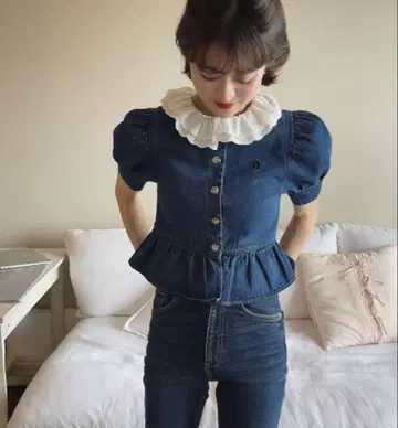 Bibiy 데님 페플럼 셔츠 레이스 옷깃 반팔 택 포함