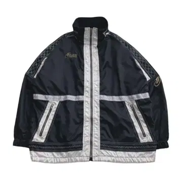 올드 아식스 절개 후드 부착 나일론 자켓 M 블랙 화이트 자수 로고