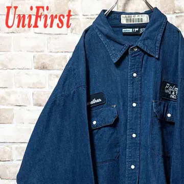 와펜 긴팔 데님 셔츠 UniFirst 오버 사이즈 블루 2XL