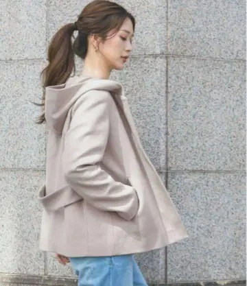 어반 리서치 도어스 후드 부착 울 코트 숏 기장 베이지