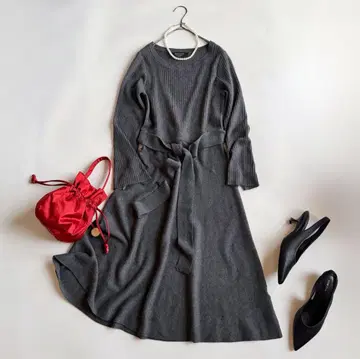 BEAMS LIGHTS 리브 니트 원피스 리본 벨트 빔즈