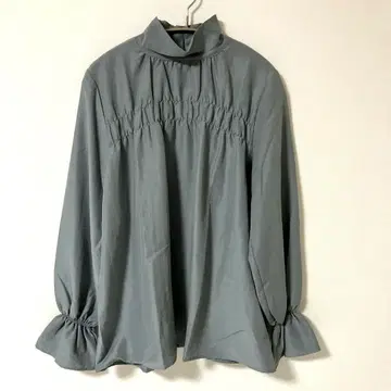 레이빔즈 개더 요크 하이넥 블라우스 블루그린
