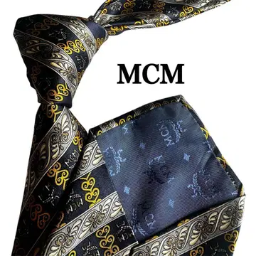 MCM 실크 넥타이 네이비/골드 스트라이프 패턴 레지멘탈 넥타이