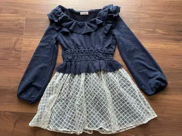 LIZLISA 원피스 오간자 프릴 네이비 체크 긴팔