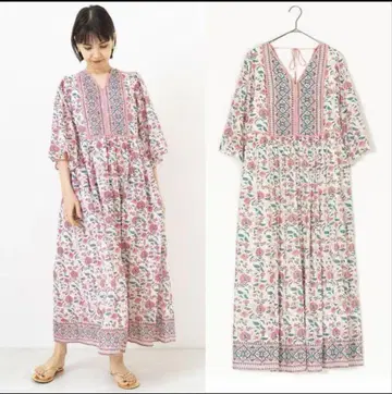 네 깃테 파 누키테파/에스닉 프린트 플레어 슬리브 드레스