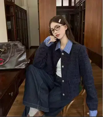 트위드 자켓 한국 여성용 레이어드 사양 네이비