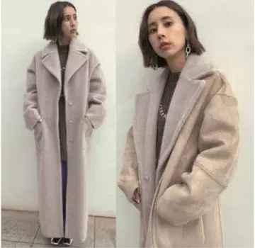 오버 사이즈 베이지 무스탕 샤기 롱 코트