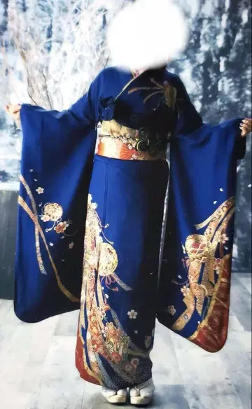 다크 네이비 꽃무늬 후리소데 오비 백 기타 잡화 풀세트 (조리 제외)