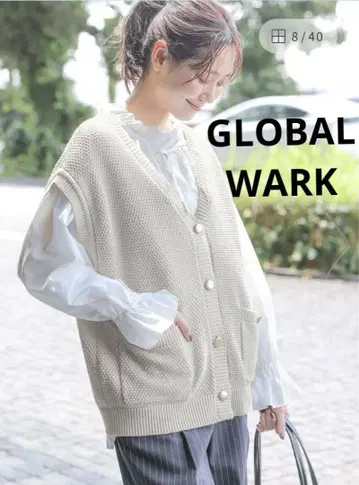 GLOBALWARK 글로벌 워크 깔끔 골드 버튼 베스트 V넥 화이트