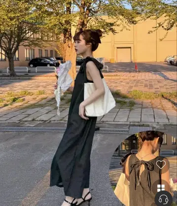 다크 그레이 뒷면 리본 포함 롱 원피스