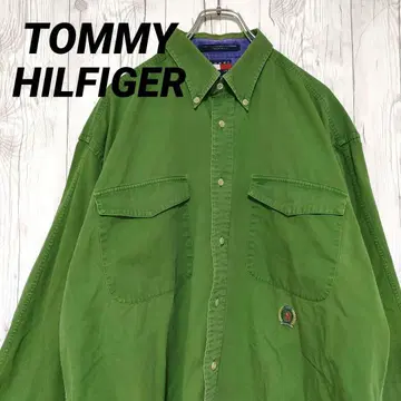 타미힐피거 버튼 다운 셔츠 자수 로고 90s XL 그린 레어