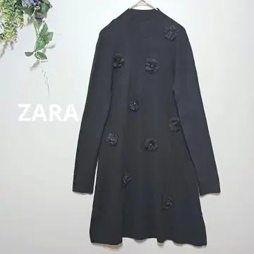 [ ZARA ] 니트 튜닉 블랙 플라워 장식 긴팔 상의