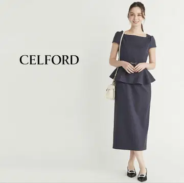 CELFORD 벨트 포함 아지메 페플럼 타이트 원피스 네이비