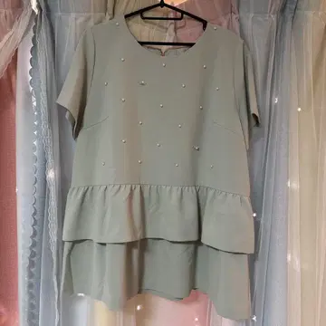 로즈 티아라 펄 장식 프릴 반팔 상의
